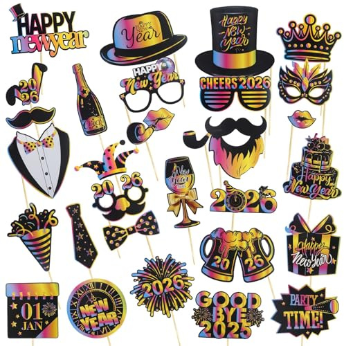 Aitsite 30 Stück 2025 Neujahr Foto Requisiten Silvester Photo Booth Props Party Dekoration Hut Brille Selfie Requisiten Accessoires Für Erwachsene Kinder Silvester Party Zubehör Dekoration