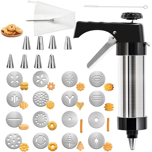 Gebäckpresse für Spritzgebäck,Edelstahl Gebäckpresse Set,Gebäckpresse für Kekse,Kekspresse Churros,Mit 16 Vorlagen und 8 Spritztüllen zum Herstellen von Dekorativen Kuchen und Selbstgemachten Keksen