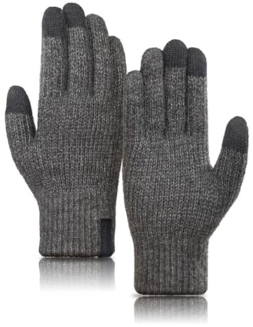 TRENDOUX Guantes Tactiles para Movil Lana Merino, Guantes Térmicos Invierno Hombre Mujer, Punto Termicos Elásticos Suaves Transpirables Tactiles para Conducir Coche Running Senderismo Nieve - Gris L