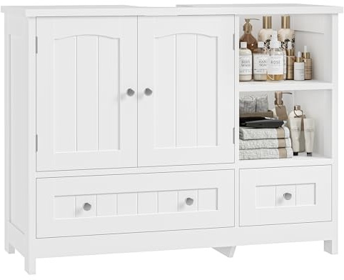 FOREHILL Waschbeckenunterschrank Badezimmer Unterschrank mit 2 Schubladen und 2 Türen und 2 offenen Fächern, Badezimmerschrank weiß, 80x30x65cm