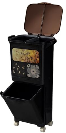 rockible Cubo de Basura con Ruedas Papelera de Cocina con Capacidad Grande Doble Tapa Clasificación de Basura Seca y Húmeda Material PP Adecuado para, Negro, Individual