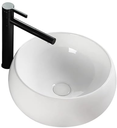 Lavabo Vasque en Céramique Blanche avec Robinet Noir et Bonde Escamotable, Lavabo Rond Moderne à Poser, pour Petites Salles de Bains(Medium)