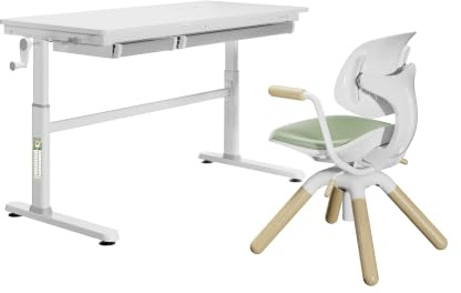 HOKO Kinderschreibtisch-Set mit Stuhl, 120x60 cm, höhenverstellbar 54-76 cm | Blendfreie Tischplatte, 2 Schubladen, Handkurbel, Kinderstuhl mit 360° Drehsitz und Vierfußgestell, Weiß/Grün, ELIN & LEVI