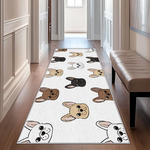 Generisch Läufer Flur Cartoon Französische Bulldogge, Waschbarer Teppich Läufer Hund 60x120, Küchenteppich, Eingangsbereich, Bettvorleger, Schlafzimmer Deko, rutschfest, Kurzflor i507