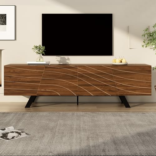 kozamas Mueble bajo TV de 160 cm con frente ondulado, color nogal y patas de hierro negro, armario moderno con espacio de almacenamiento y gestión de cables para salón