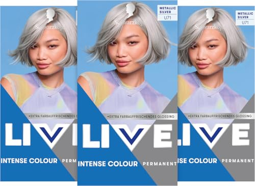 Schwarzkopf LIVE Intense Colour U71 Metallic Silver (3x 165 ml), Haarfarbe mit farbauffrischendem Glossing, permanente Coloration für langanhaltend intensive Farbergebnisse