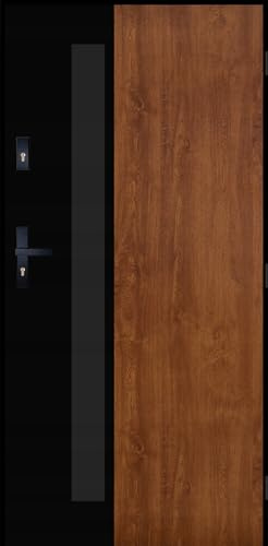 Haustür 90x200 cm DIN Rechts - Stahltür 72 mm mit 4 Dichtungen und PU-Kern - Eingangstür 0,75 Ud-Wert - Komplettset inkl. Zarge und Drücker - Moderne Außentür mit Verglasung - Alpine 01 Goldene Eiche