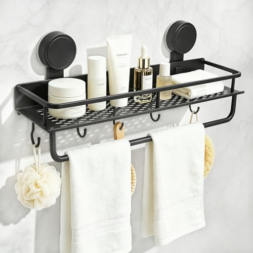 Saugnapf Ohne Bohren Duschablage Wasserdicht Badregal Saugnapf Aluminium | Aluminium Bad Organizer Saugnäpfen mit 5 Haken und Aufhängestange 10kg Tragfähigkeit 40 cm für Badezimmer Dusche Küche