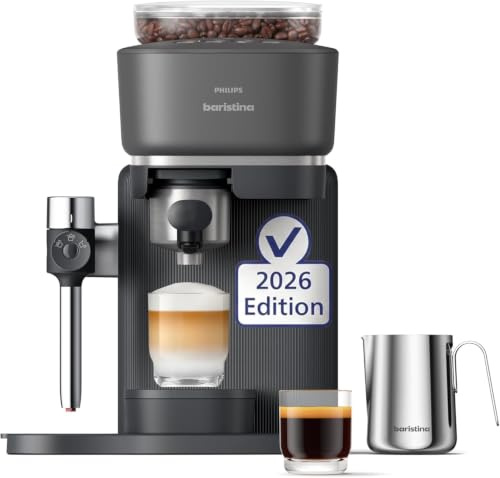 Philips Baristina Machine à expresso - Cafetière à grain avec mousseur lait intégré, simple, mouture et extraction automatique, 16 bars, Broyeur intégré, Machine et porte-filtre noirs (BAR400/60)