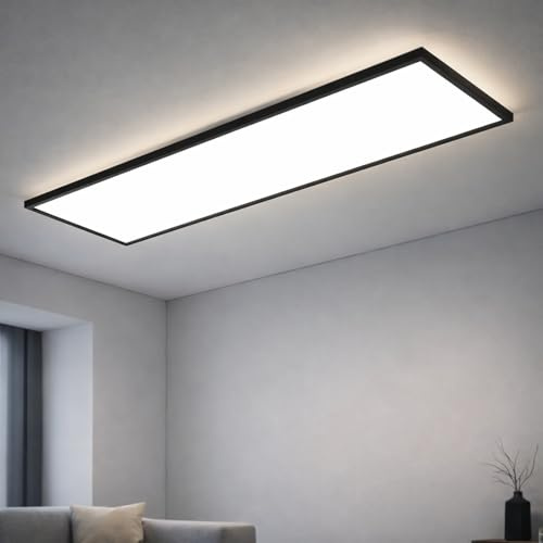 CBJKTX LED Panel 100x25 Deckenleuchte Dimmbar Deckenpanel Büro | Deckenlampe Flach Fernbedienung Groß Schwarz Rechteckig Tageslichtlampe 24W Küchenlampe Bürolampe Decke Küche Flur Werkstatt