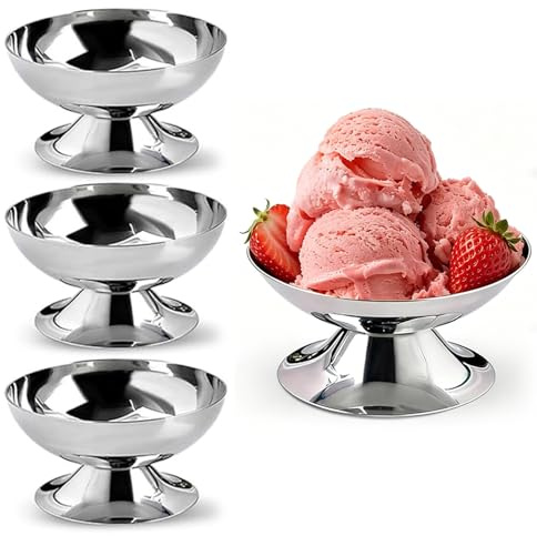 Calenxy 4 Stück Edelstahl Eisbecher 200ml, Dessertschalen mit Fuß aus lebensmittelechtem Edelstahl, wiederverwendbare Dessertbecher für Eiscreme, Joghurt, Obstsalat & Pudding – für Party & Café
