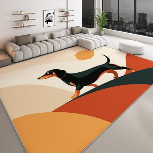 Generisch Boho Weicher Kurzflor Teppich 60 x 90 cm, Tier Hund Sonne Streifen Farbblöcke Waschbarer Rutschfester Teppiche - Kuschelig Bedruckter Dekoläufer Teppich für Schlafzimmer Bettvorleger Flur
