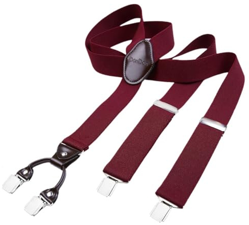 DonDon Tirantes hombre anchos 3,5 cm con 4 clips extra fuertes tirantes para pantalones hombre y parche de cuero marrón rojo burdeos