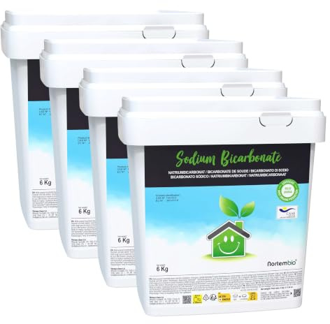 Nortembio Bicarbonate de Soude 4 x 6 Kg 100% Naturel pour Nettoyage Multi-usage. Sans Aluminium. Élimine Odeurs et Saleté. Cuisine, Salle de Bain, Textiles. E-Book Inclus
