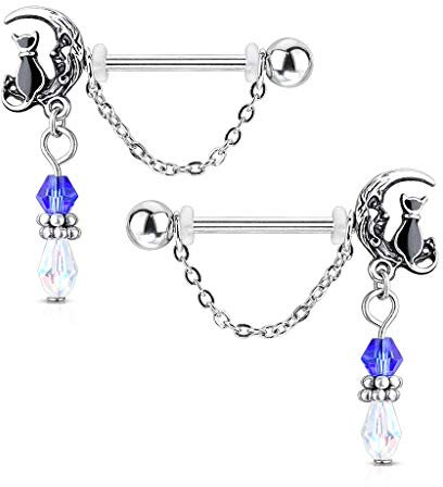 beyoutifulthings Brustwarzen-Piercing Paar MOND Katze Anhänger Brust-Piercing Nippel-Piercing Chirurgenstahl Silber Blau Schwarz Stab 1,6/14mm