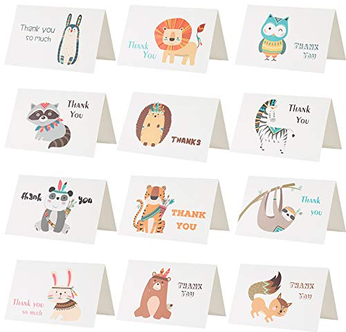 Kesote 24 Tarjeta de Gracias Tarjeta de Felicitación Agradecimiento Animal con Sobres y Pegatinas (12 Estilos)
