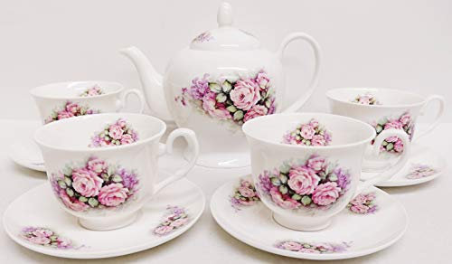 fromeuropewithlove Misty Roses Service à thé 9 pièces en porcelaine anglaise avec théière et 4 tasses et 4 soucoupes décorées à la main au Royaume-Uni