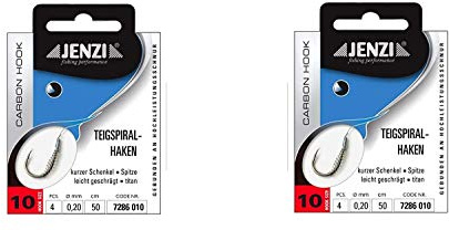 Set: 2 Packungen JENZI Teigspiralhaken Forellen-Haken, Teighaken gebunden (8 Stück) Hakengröße 2, 4, 6, 8 &10 + gratis Petri Heill! Aufkleber