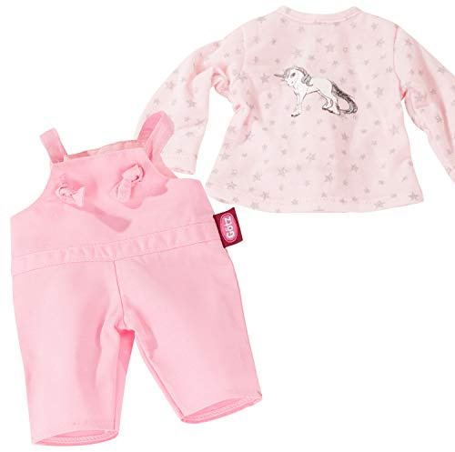 Götz 3403212 Set Sparkling Unicorn für Babypuppen Gr. S 30-33 cm 2-TLG | Puppenkleidung für Puppen, mit rosa Latzhose und Langarm-Shirt, Glitzer-Einhorn, waschbar, für Kinder ab 3 Jahren