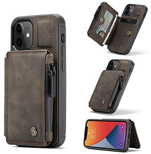 UFinetech Magnetisch 2-in-1 iPhone 12 mini Hülle Tasche Design Dünn Robust TPU Leder Flip Ständer Kartenfach wasserdichte Reißverschluss RFID-Schutz Folie Cover iPhone 12 mini 5,4 Zoll Männer Damen