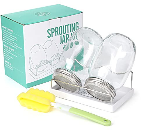 Seed Sprouting Jar Kit | 2 Wide Mouth Mason Jars & Stainless Steel Screen Lids,Tray,Stand and Canning Brush | Sprouter Set to Grow Broccoli, Alfalfa,Organic Microgreens Sprouts & Mung Bean (White)