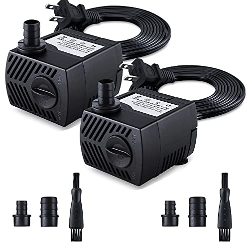 CWKJ Fountain Pump, 2 Packs 80GPH(4W 300L/H) Submersible Water Pump, Durable Outdoor Fountain Water Pump with 7.2ft（2.2m） Power Cord, 3 Nozzles for Aquarium, Pond, Fish Tank, Water Fountain Pump