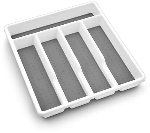 Homikit Besteckkasten für Schubladen, Kunststoff Besteckeinsatz mit 5 Fächern, Robust Schubladeneinsatz für Küche/Büro, Weicher-Griff Futter & rutschfeste Gummifüße, 32,2 * 28,8 * 4,5cm, Weiß & Grau