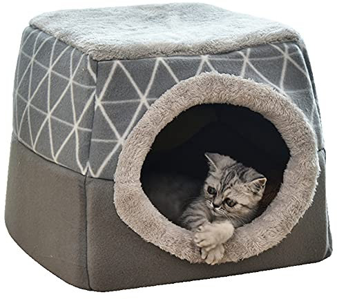 Katzenhöhle 2-in-1 Faltbares Katzenzelt Katzenzelt Katzenbett Katzenhaus rutschfest Warm Indoor halbgeschlossenes Haustier Hundebett Schlafhaus mit Abnehmbarem waschbarem Kissen, 38 x 38 x 34 cm, Grau