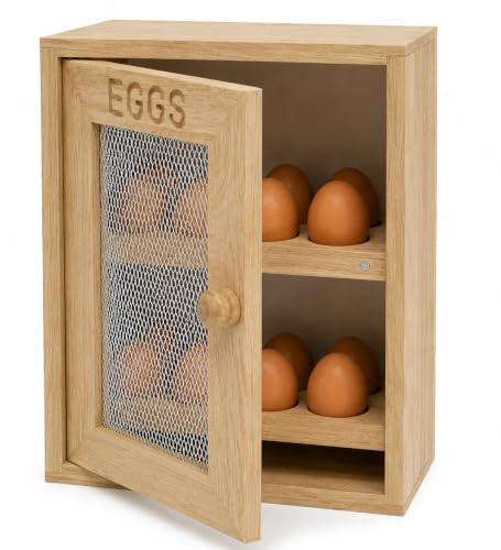 Glow Wooden Egg Cabinet – Stylish Natural 12 Egg Holder Storage Rack with Ventilated Wire Door Mesh Stores Dozen Eggs – Sturdy Free Standing Box for Kitchen Cafe Worktop with Rustic Country Look