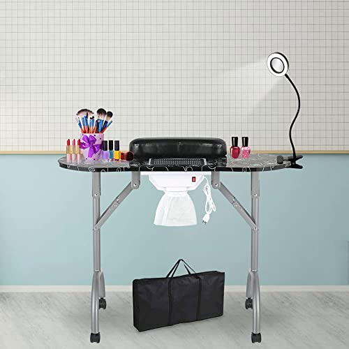 LEIBOU Bärbart, vikbart manikyrbord, 89 cm (30 tum), med USB-LED-förstoringsglas, dammsamlarfläkt, svamp, bärväska (svart blomma)