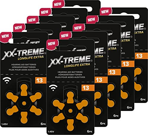 XX-Treme Longlife Extra Hearing Aid Batteries Type 13-60 Pieces Hearing Aid Batteries Designed for Highest Performance - Pack of 10 Blister Packs of 6 Hearing Aid Batteries - PR48 Colour Code Orange