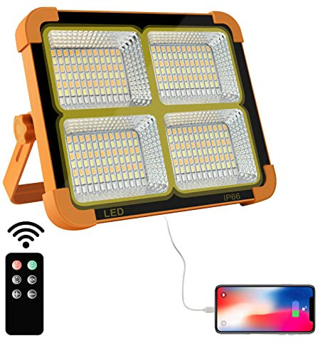 Faro LED Portatile, 15600mAh Solare Faro Luce Ricaricabile Lavoro, lampada da Luce da Campeggio Con Telecomando, Proiettore Ricaricabile per Cantiere, Garage, Emergenza (Arancione+telecomando)