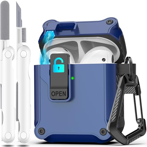 R-fun Kompatibel mit AirPods 2 Generation Hülle 2019, 1 Gen 2016 Case Cover, automatisches Pop-Up-Deckel-Design für Apple Airpods Hülle mit Reinigungsset & Schlüsselanhänger,Blau