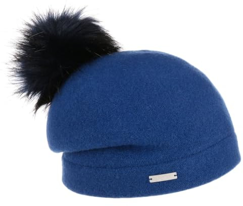 Seeberger Tamisa Pompon Walkmütze mit Bommel Mütze Wintermütze Wollmütze Long Beanie Damen - Made in Germany Bommelmütze Winter Herbst-Winter - One Size blau