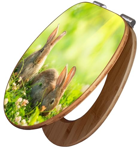 banjado Design WC Sitz Bambus Absenkautomatik 45,8x37,5cm - Toilettendeckel mit Absenkautomatik Holz - hochwertiger Bambus Klodeckel - WC-Sitz für gängigen Toiletten - Motiv Drei Hasen