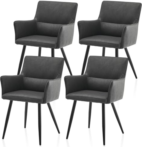 TUKAILAI Esszimmerstühle 4er-Set aus Kunstleder, Küchenstuhl mit Armlehnen, Rückenlehne, Metallbeine, Freizeit Polsterstuhl Wohnzimmer-Sessel für Esszimmer Küche Empfang Modern, Dunkelgrau