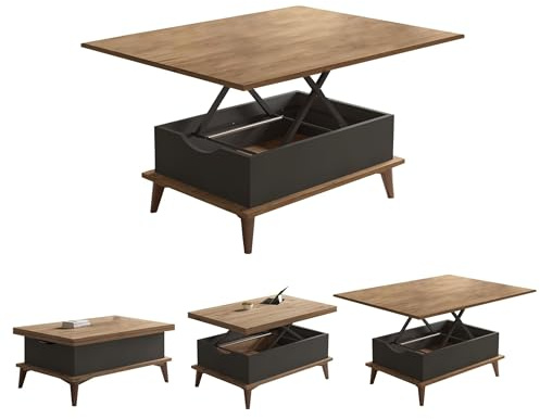 BERA DESIGN Extendable Dining Table 6-8 Seater, Lift Top Coffee Table, Extendable & Foldable Coffee Table Converts to Dining Table - 90x60x45cm with 3 Variable Height Level