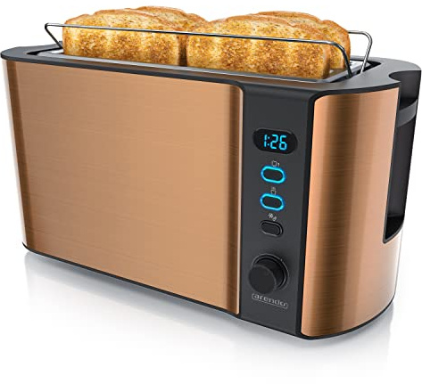 arendo - Frukost 4 slice long slot toaster - double wall housing – with warming rack – 6 browning settings – auto bread centring – reheat defrost cancel function– remaining time display