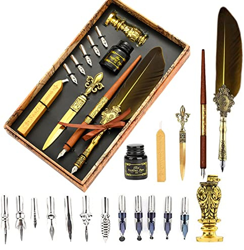 Joyeee Real Feather Quill Pen and Ink Set, Include Sealing Wax Stamp Kit for Wedding, Wooden Calligraphy Dip Pens, 17 Replacement Nibs, Wax Seal Stick for Stamp Seals, Dark Yellow