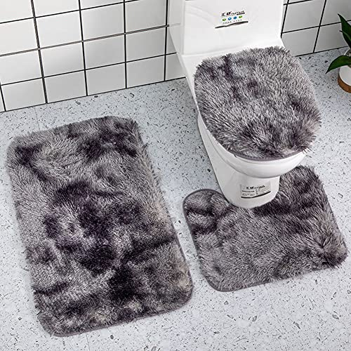 Reyox Badvorleger Set 3 Teilig, Weiche Hochflor Badematte rutschfest, Mikrofaser Flauschig Badteppich für Toilett WC Badezimmer Tie Dye Grau 3 STK