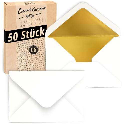Japun - 50 Briefumschläge DIN C6, 162 x 114 mm, innen Gold, außen weiß | Kuvert mit Gold-Inlay aus 140 g/m² Papier, Umschlag mit Nassklebung ohne Fenster, für Einladungen zum Beschriften & Bedrucken