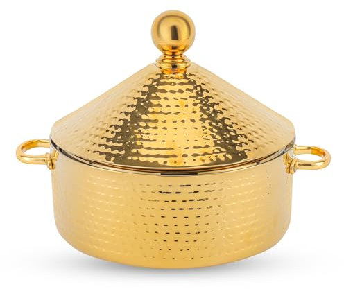 Royalford Monarch Cornetto Hot Pot, 3L - Stainless Steel Round Chafing Dish, Food Warmer Buffet Server Dish - Table Top Food Warmer Serving Dish with Lid for Caterings Parties Daily Use, Gold