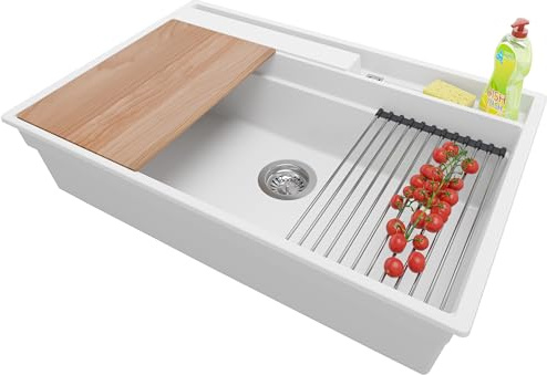 PRIMAGRAN Evier Cuisine en Granit au Meuble 80cm + Kit de Vidage, 78x53cm | Set: Kit de Vidage (Siphon, bonde d’évacuation, trop-plein) + Lavabo 1 Bac - Oslo, Blanc