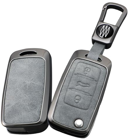 ontto Autoschlüssel Hülle Abdeckung Passt für VW Polo Tiguan Passat Golf Jetta Lavida für Skoda Octavia Seat Metall Schlüsselhülle mit Schlüsselanhänger Schlüsselbox Schutzhülle Cover 3 Tasten Grau B