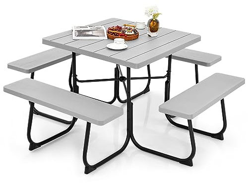 GIANTEX Gartenmöbel Picknicktisch Set 8 Personen, Bierzeltgarnitur Gartentisch mit 4 Bänken, Biertisch mit Schirmloch, Garten Sitzgruppe wetterfest aus HDPE, Biertischgarnitur (Grau)