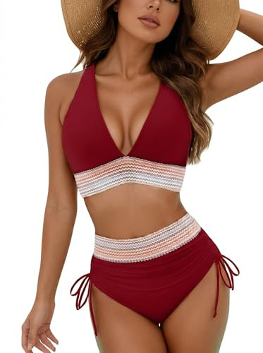 Hicodbek Bikini pour femme - Maillot de bain sexy - Taille haute - Bloc de couleurs - Deux pièces - Cordon de serrage - Maillot de bain Bikinis pour femme, rouge bordeaux, M