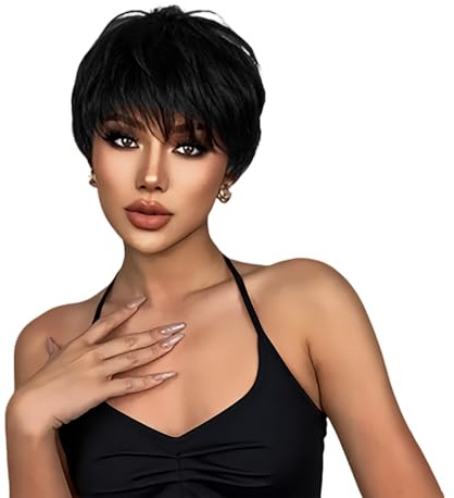 Perruques courtes en cheveux humains pour femmes, perruque noire naturelle courte de coupe Pixie au style charmant, perruque droite courte pour femmes en cheveux humains, coupe garçon pour dames avec