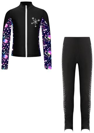 Freebily Kinder Eiskunstlauf Anzug Mädchen Bedruckte Jacke Glitzer Strass Eiskunstlauf Hose Set Wettkampf Workout Sport Outfit Skating Suit Schwarz 170