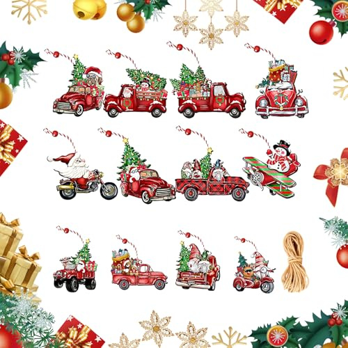 XQMMGO 24 Stück Weihnachtsbaumschmuck Anhänger Holz, Weihnachtsmann Handgefertigte Dekorationen (LKW-Zubehör)