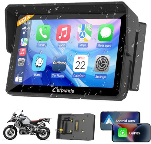 Carpuride W502PRO B für B.-M-.W Motorrad CarPlay & Android Auto & Dual Bluetooth, 5 Zoll wasserdichter Touch Bildschirm für Motorrad, Musik-Sharing, Gegensprechanlage, Lichtsensor, Kompass, Barometer